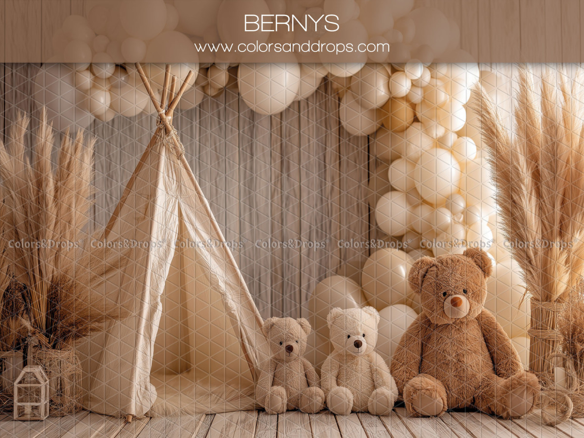 Baby & cake smash photo backdrop Bernys – teepee with teddy bears and cream balloons | Colors&Drops