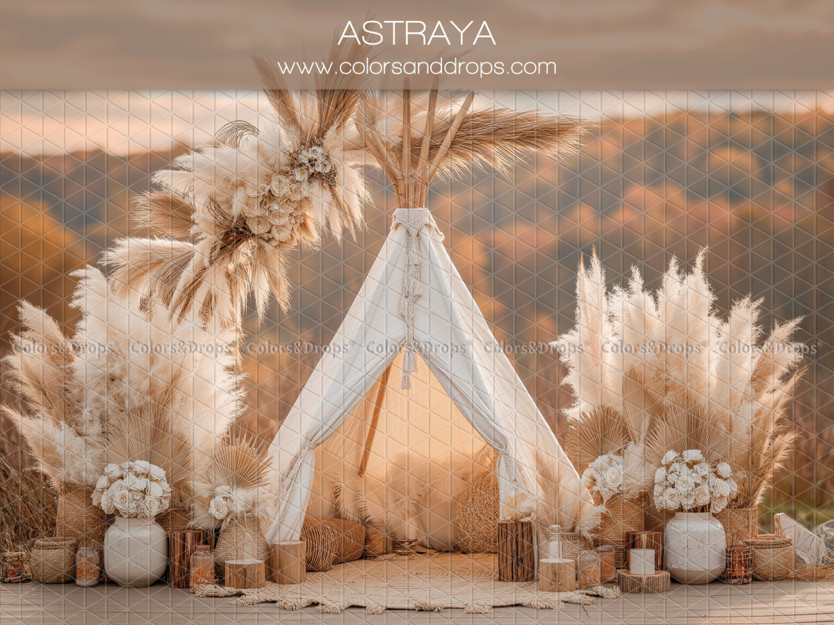 Boho photo backdrop Astraya – white teepee outdoors with pampas grass and candles | Colors&Drops