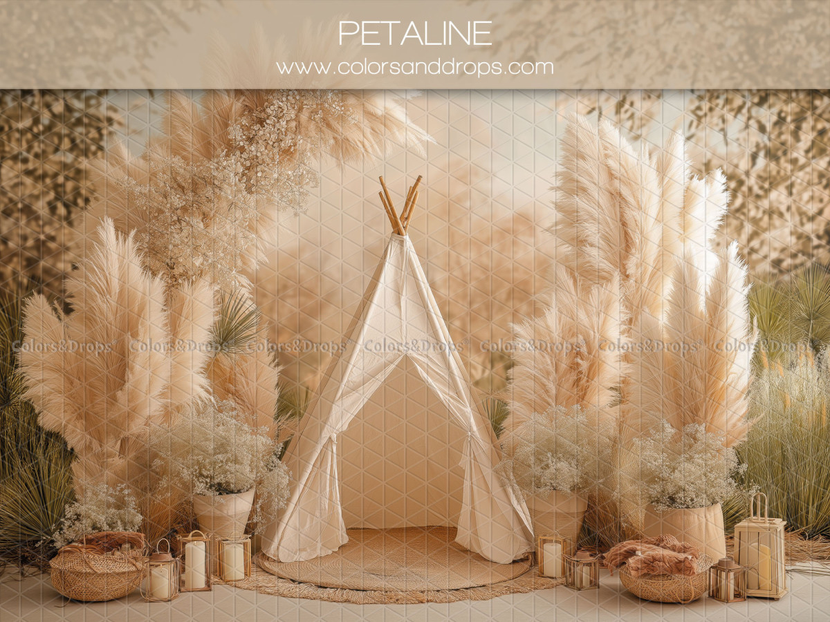 Fond photo bohème Petaline – tipi blanc dans jardin avec pampa et bougies | Colors&Drops