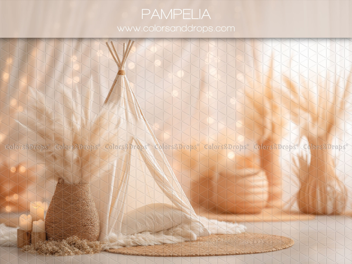 Fond photo bohème Pampelia – tipi blanc avec pampa et vases sur tapis | Colors&Drops