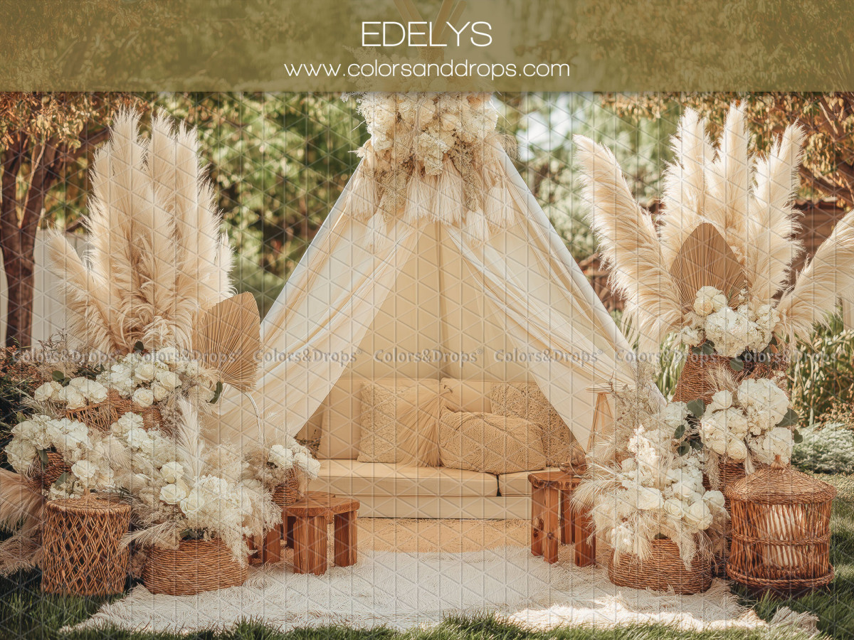 Boho photo backdrop Edelys – white tent with bench, pampas grass and flowers | Colors&Drops