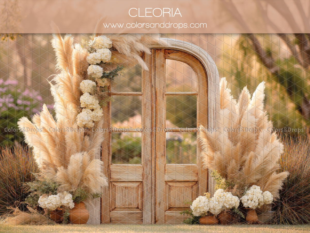 Boho photo backdrop Cleoria – wooden glass door with pampas grass and flowers | Colors&Drops