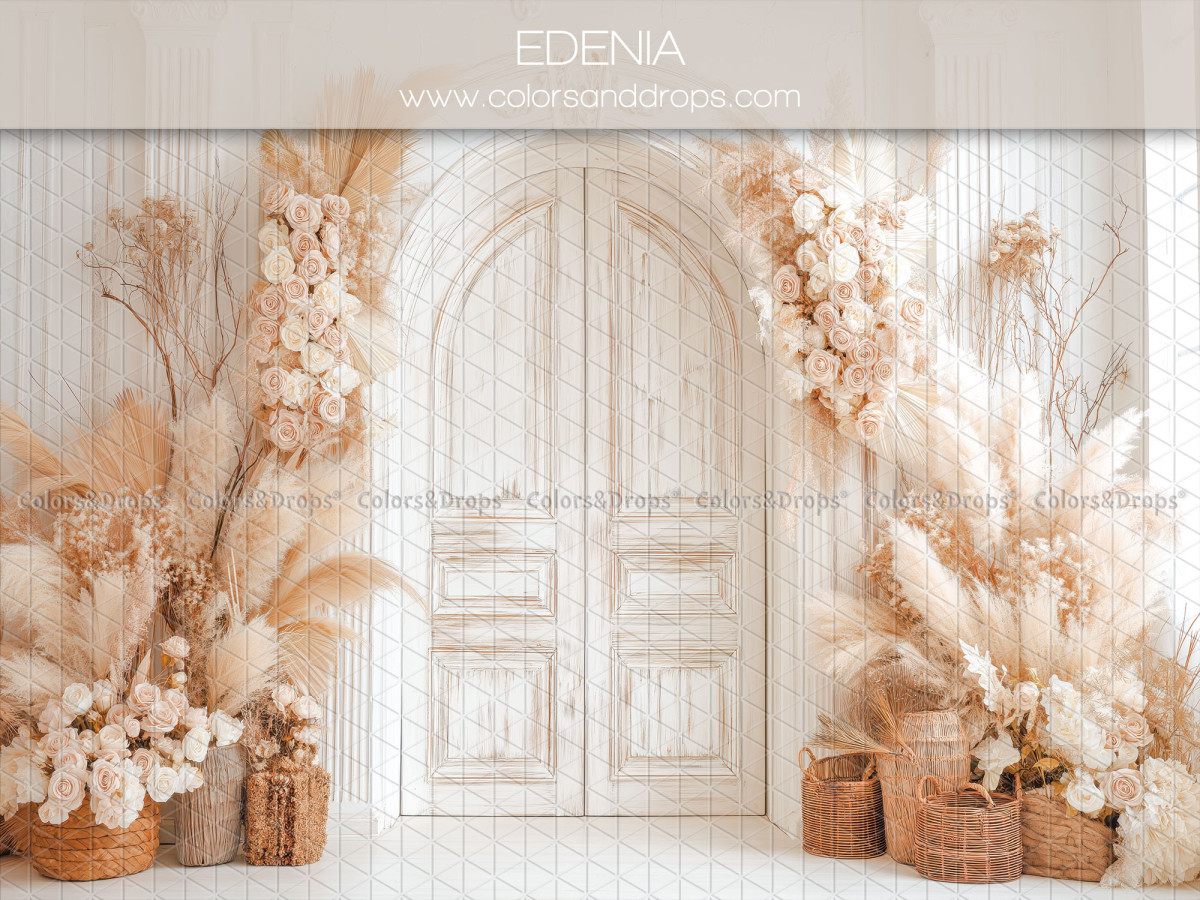 Boho photo backdrop Edenia – white arched door with pampas grass and flowers | Colors&Drops