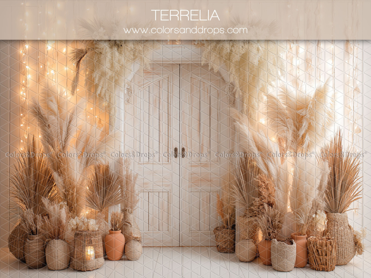 Boho photo backdrop Terrelia – white doors with pampas grass and terracotta vases | Colors&Drops