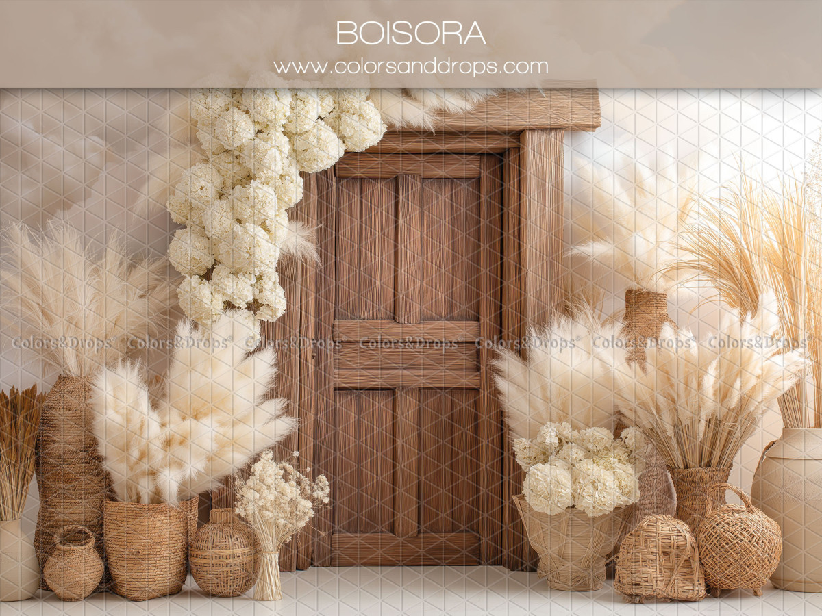 Fond photo bohème Boisora – porte en bois avec hortensias blancs et pampa | Colors&Drops