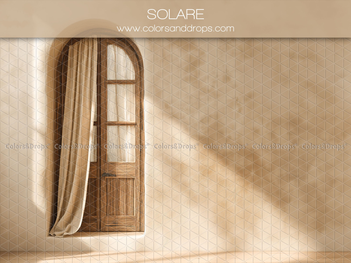 Fondo fotográfico boho Solare – pared beige con ventana en arco de madera y visillo | Colors&Drops