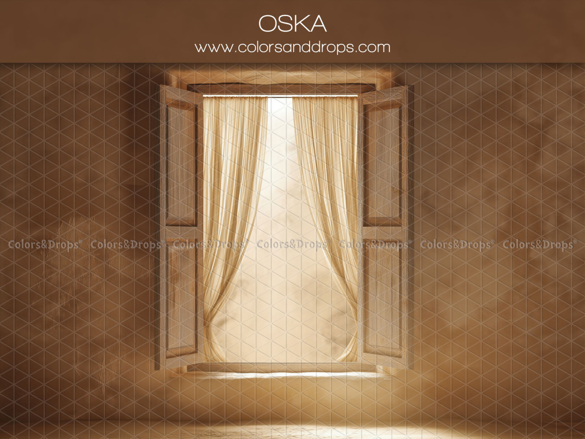 Boho photo backdrop Oska – open shuttered window with curtains and light | Colors&Drops