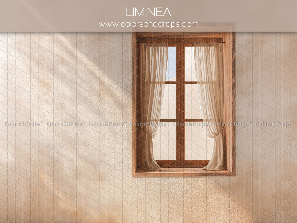 Boho photo backdrop Liminea – cream wall with wooden window and sheer curtains | Colors&Drops