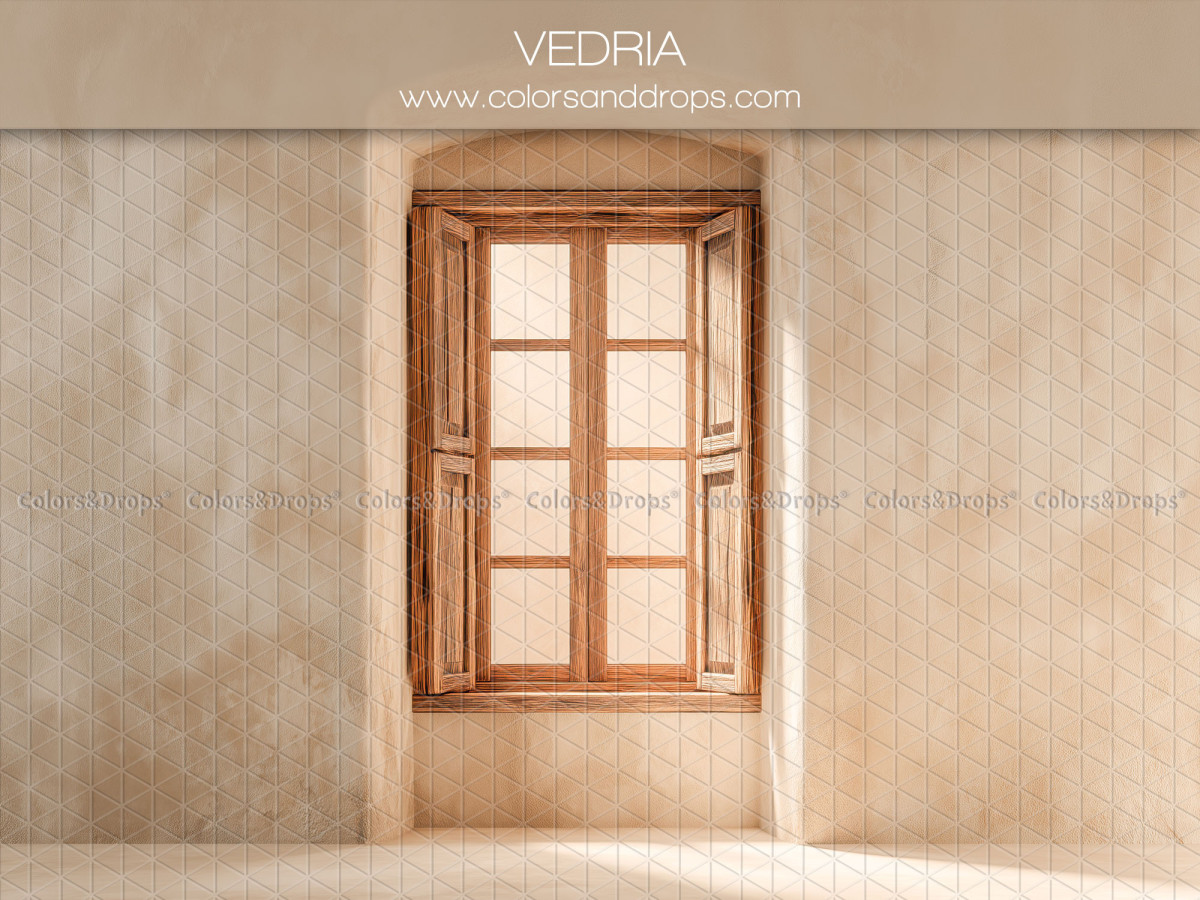 Boho photo backdrop Vedria – beige wall with wooden paned window | Colors&Drops