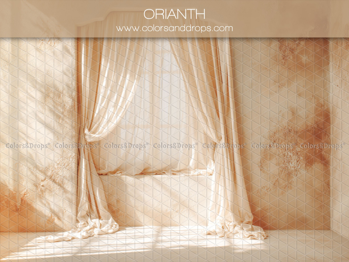 Boho photo backdrop Orianth – cream sheer drapes against orange weathered wall | Colors&Drops