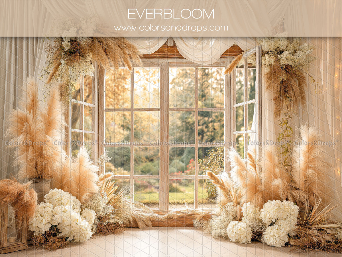 Boho photo backdrop Everbloom – large window with pampas grass and white hydrangeas | Colors&Drops