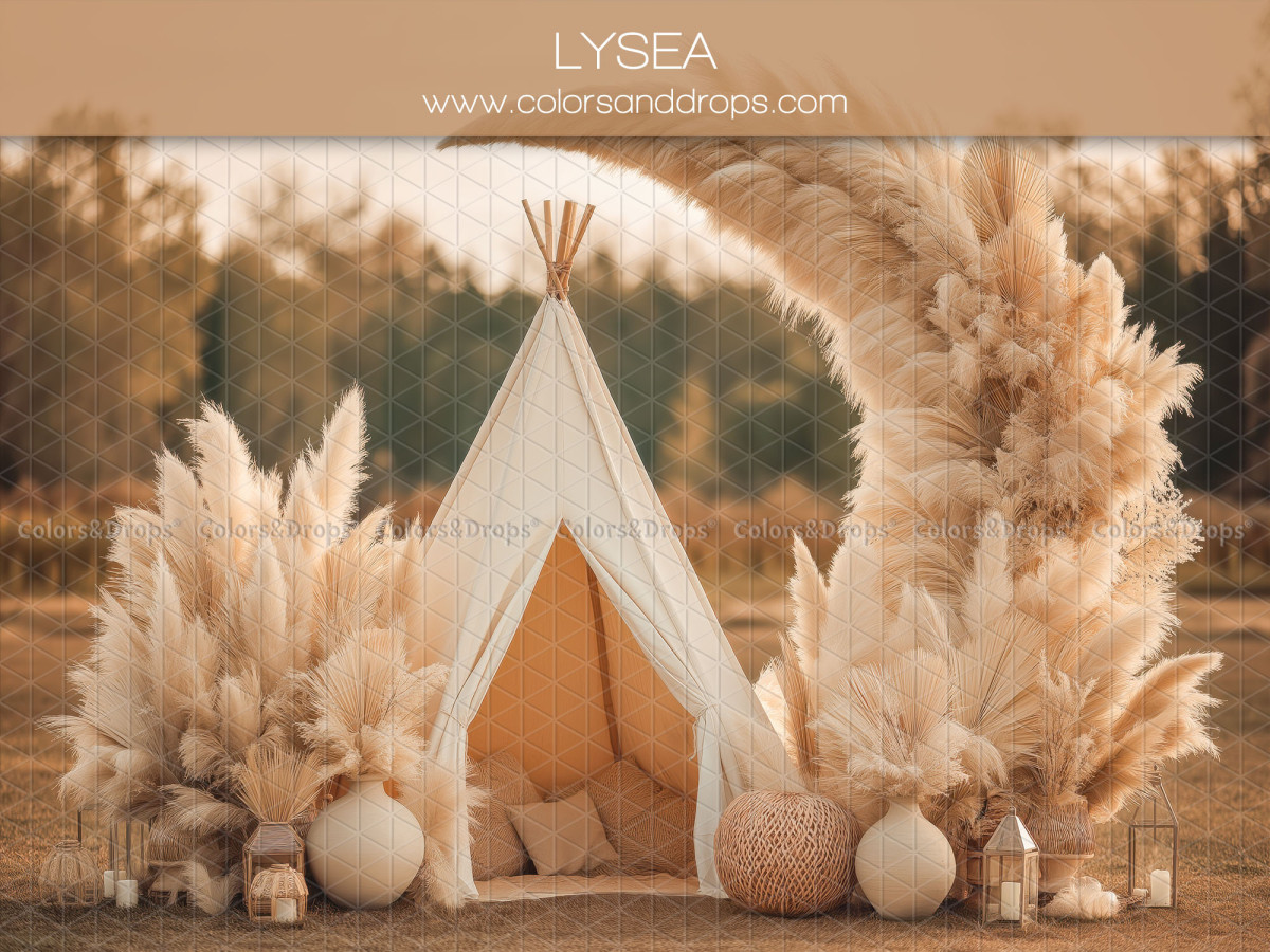 Boho photo backdrop Lysea – white teepee outdoors with pampas arch | Colors&Drops