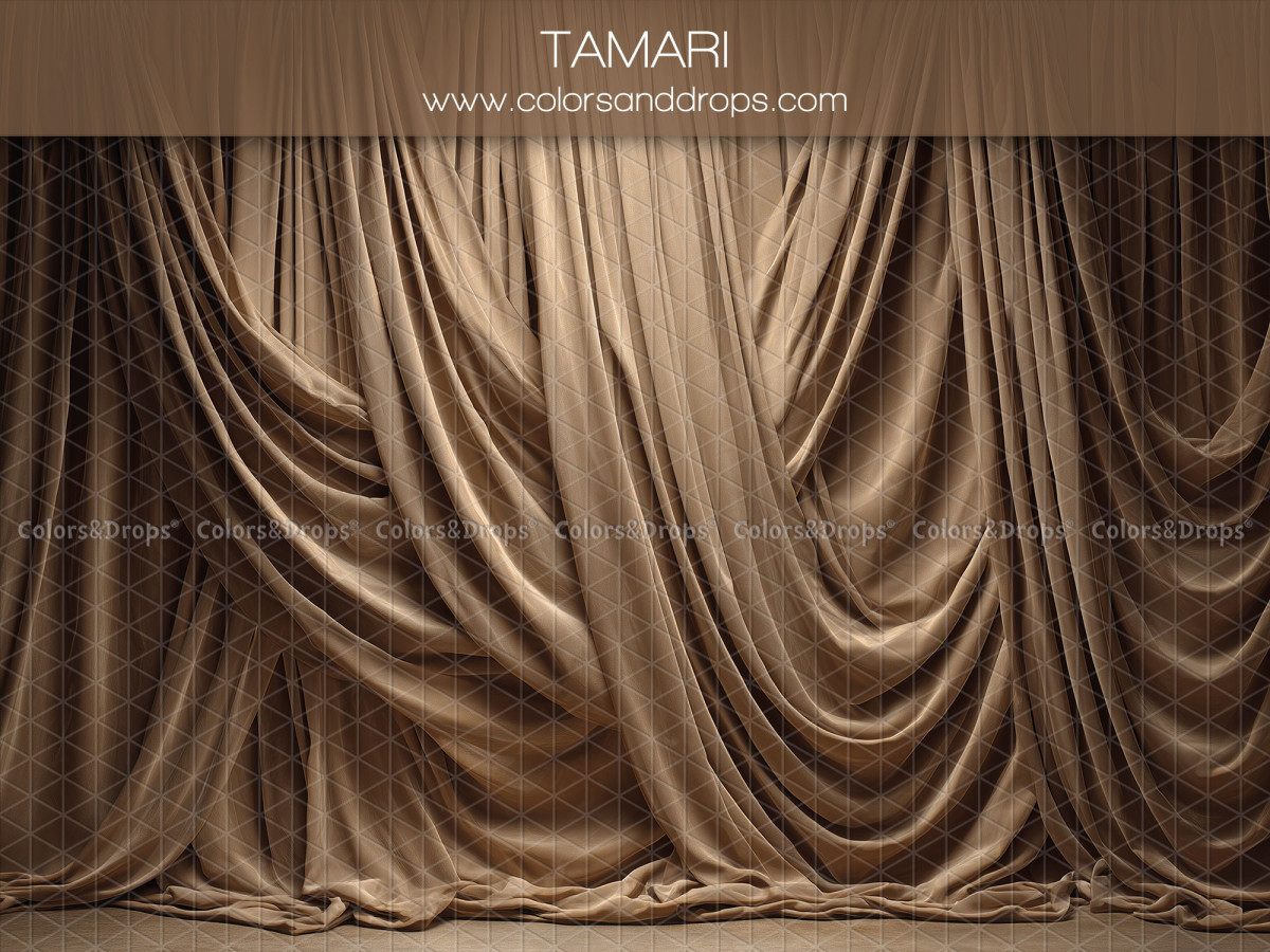 Fondo fotográfico de embarazo y retrato Tamari – cortinas drapeadas marrón dorado en festones | Colors&Drops
