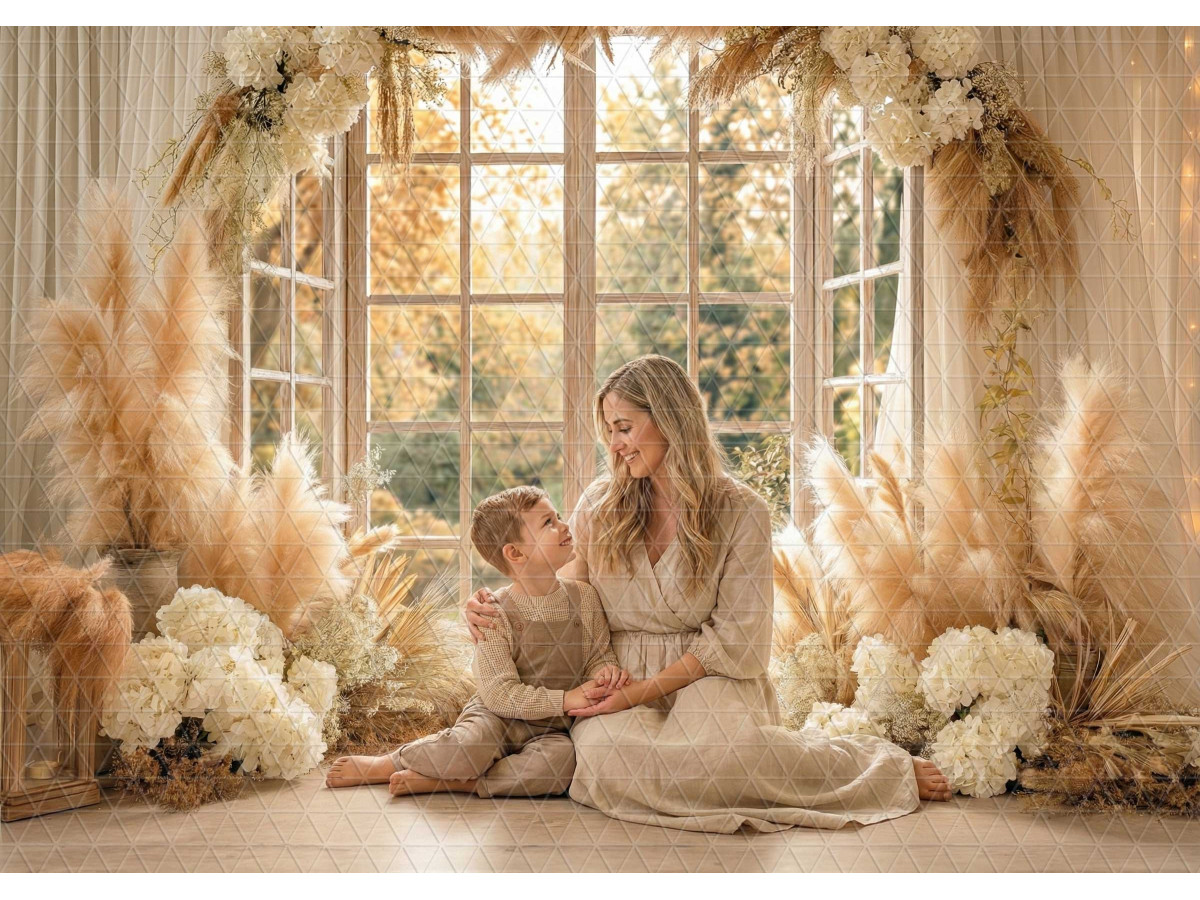 Boho photo backdrop Everbloom – large window with pampas grass and white hydrangeas | Colors&Drops