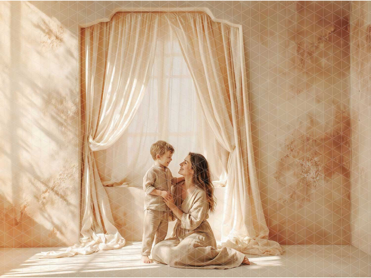 Boho photo backdrop Orianth – cream sheer drapes against orange weathered wall | Colors&Drops