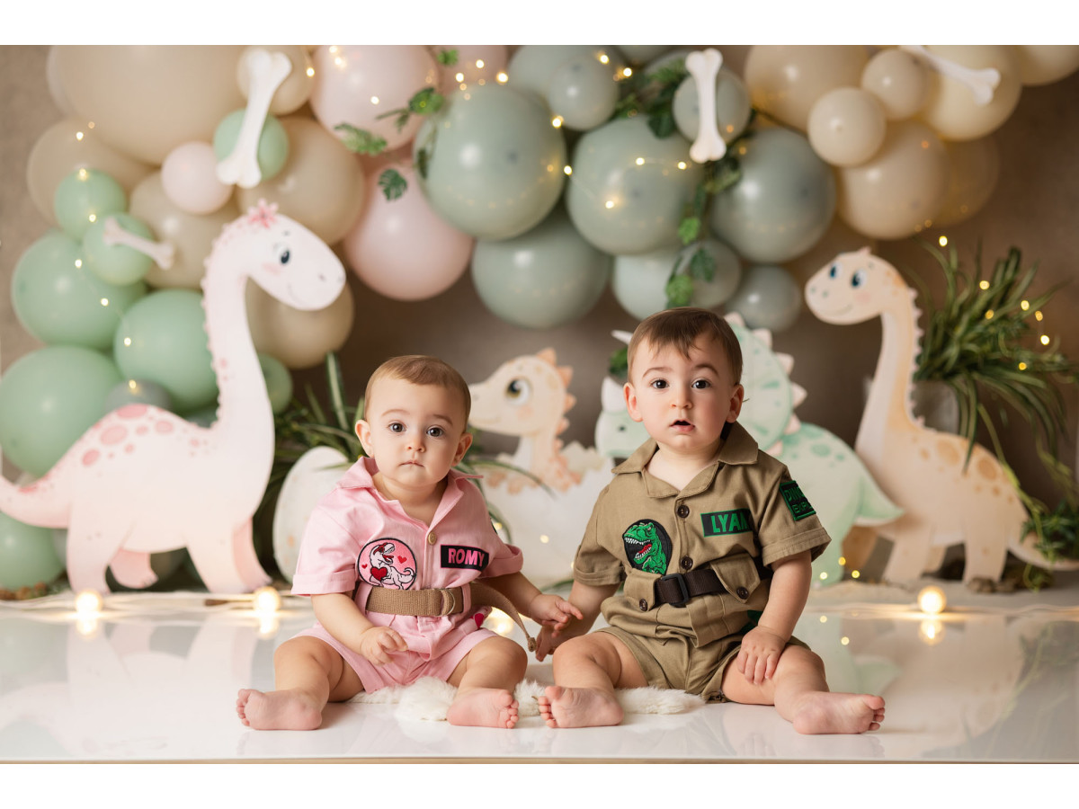Baby & cake smash photo backdrop Dinosora – sage green balloon arch with dinosaurs | Colors&Drops