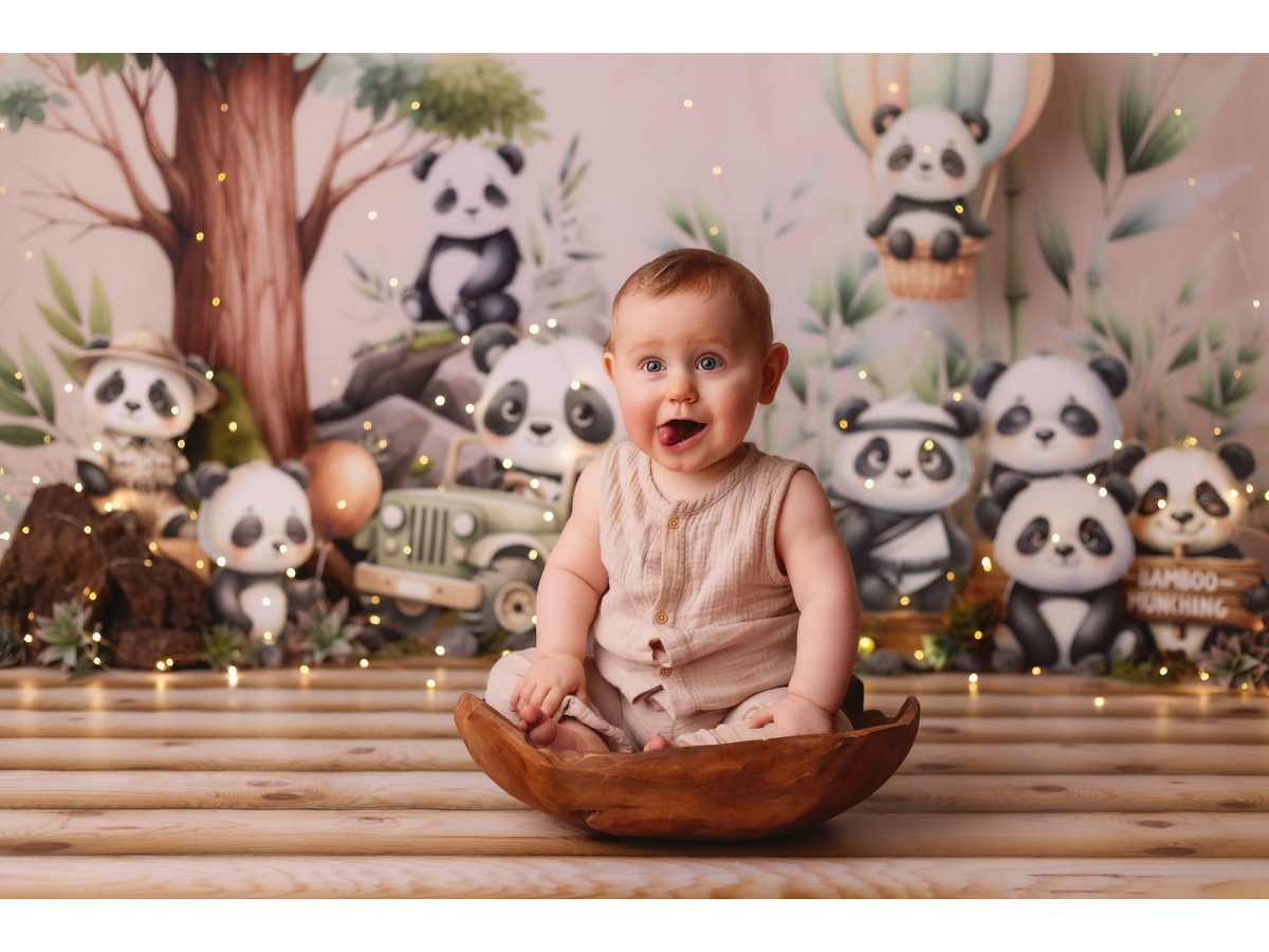 Baby & cake smash photo backdrop Pandi Panda – illustrated pandas with tree, hot-air balloon and jeep on pink | Colors&Drops