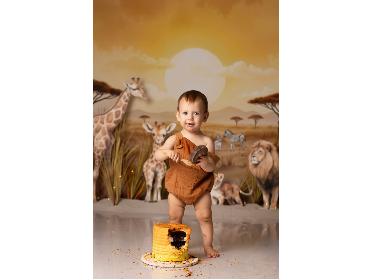Baby & cake smash photo backdrop Safarik – savanna at sunset with giraffes and lion | Colors&Drops