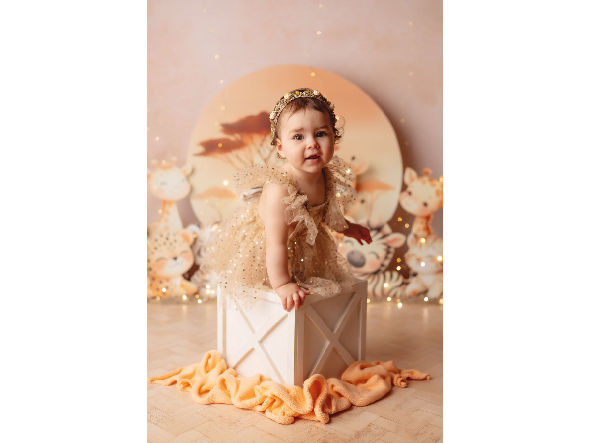 Baby & cake smash photo backdrop Safary Friend – savanna animals in front of a setting sun | Colors&Drops