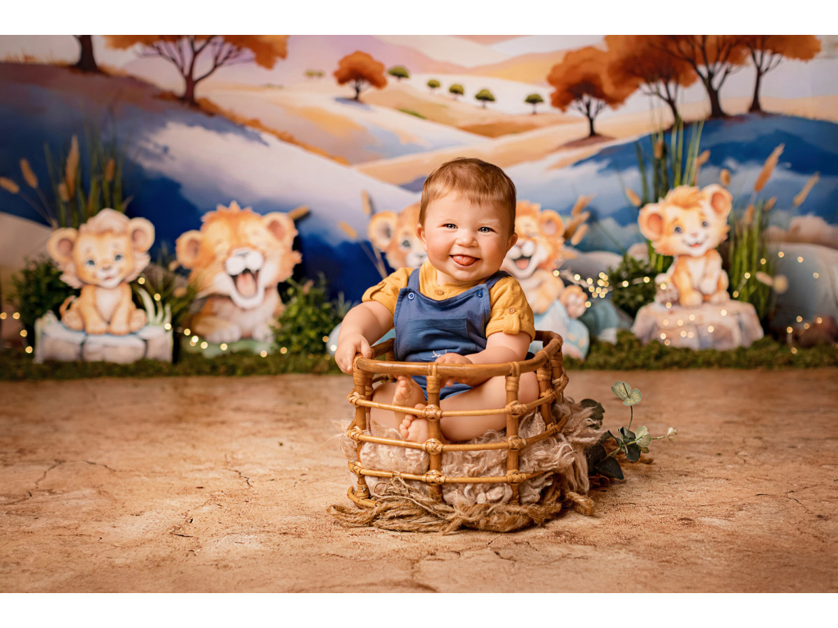 Baby & cake smash photo backdrop Bigi Lion – autumn savanna with lion cubs and orange trees | Colors&Drops
