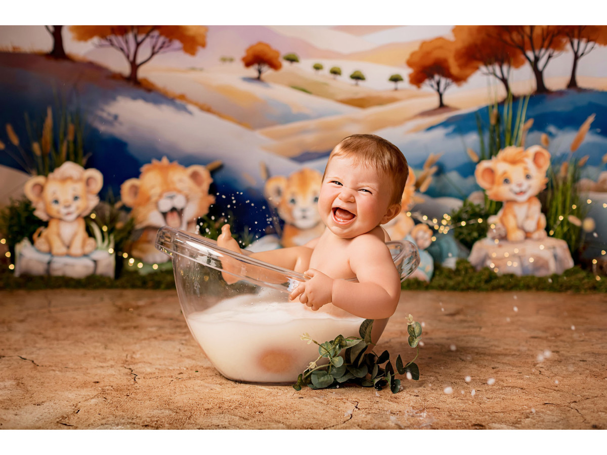 Baby & cake smash photo backdrop Bigi Lion – autumn savanna with lion cubs and orange trees | Colors&Drops