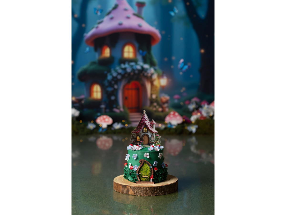 Baby & cake smash photo backdrop Peti Champi – mushroom house in an enchanted night forest | Colors&Drops