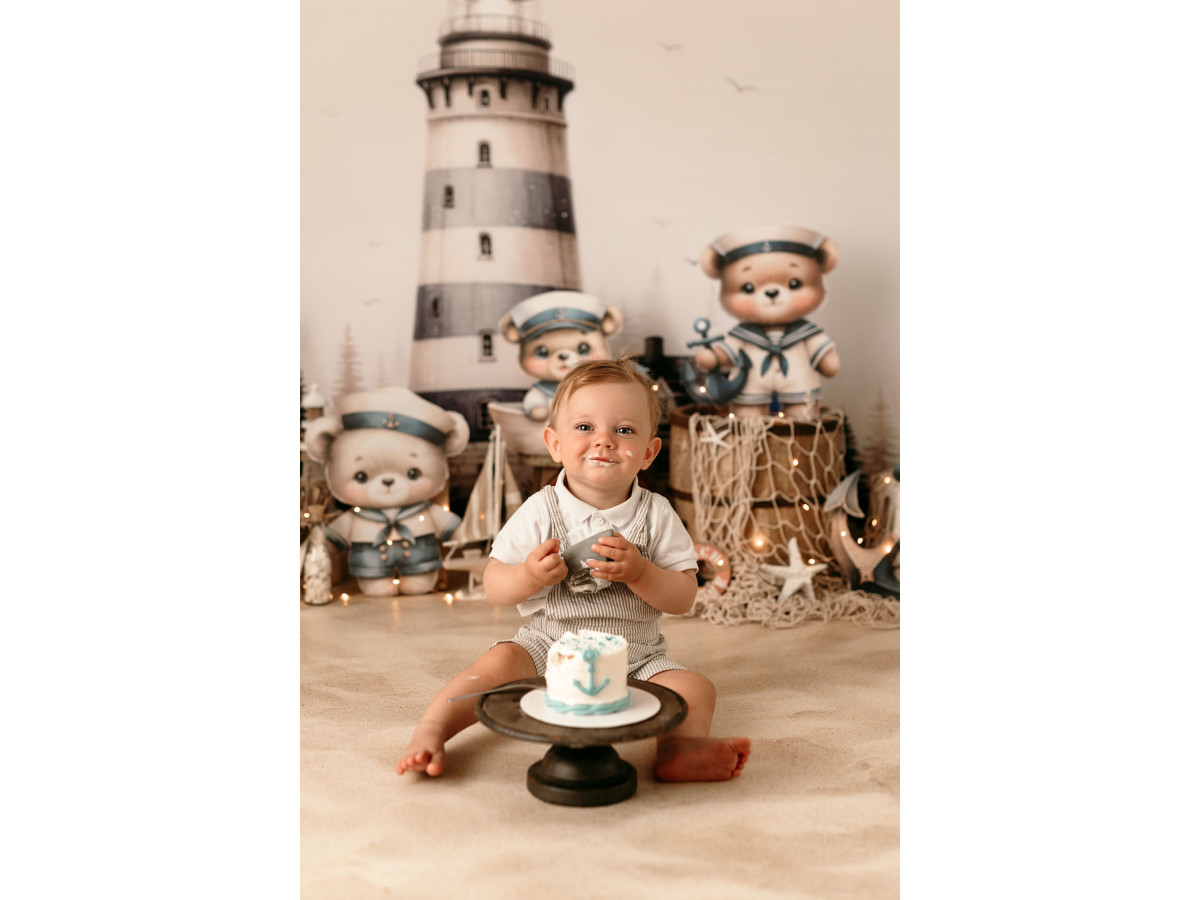 Baby & cake smash photo backdrop Les Ours Marins – lighthouse with sailor teddy bears and ship wheel | Colors&Drops