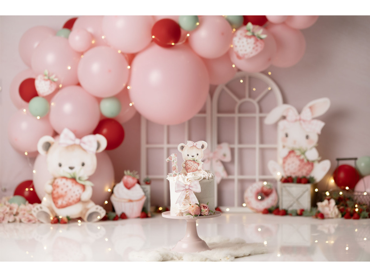 Baby & cake smash photo backdrop Fraiza – pink and red balloon arch with teddy bear and window | Colors&Drops