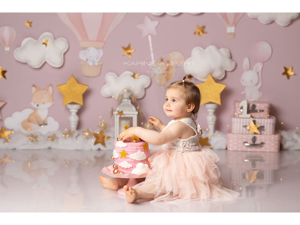 Baby & cake smash photo backdrop Little History – pink sky with clouds, hot air balloon and animals | Colors&Drops
