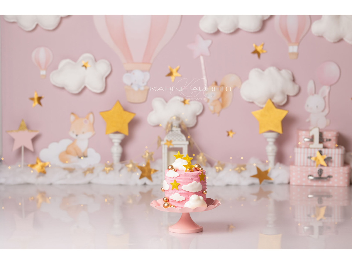 Baby & cake smash photo backdrop Little History – pink sky with clouds, hot air balloon and animals | Colors&Drops