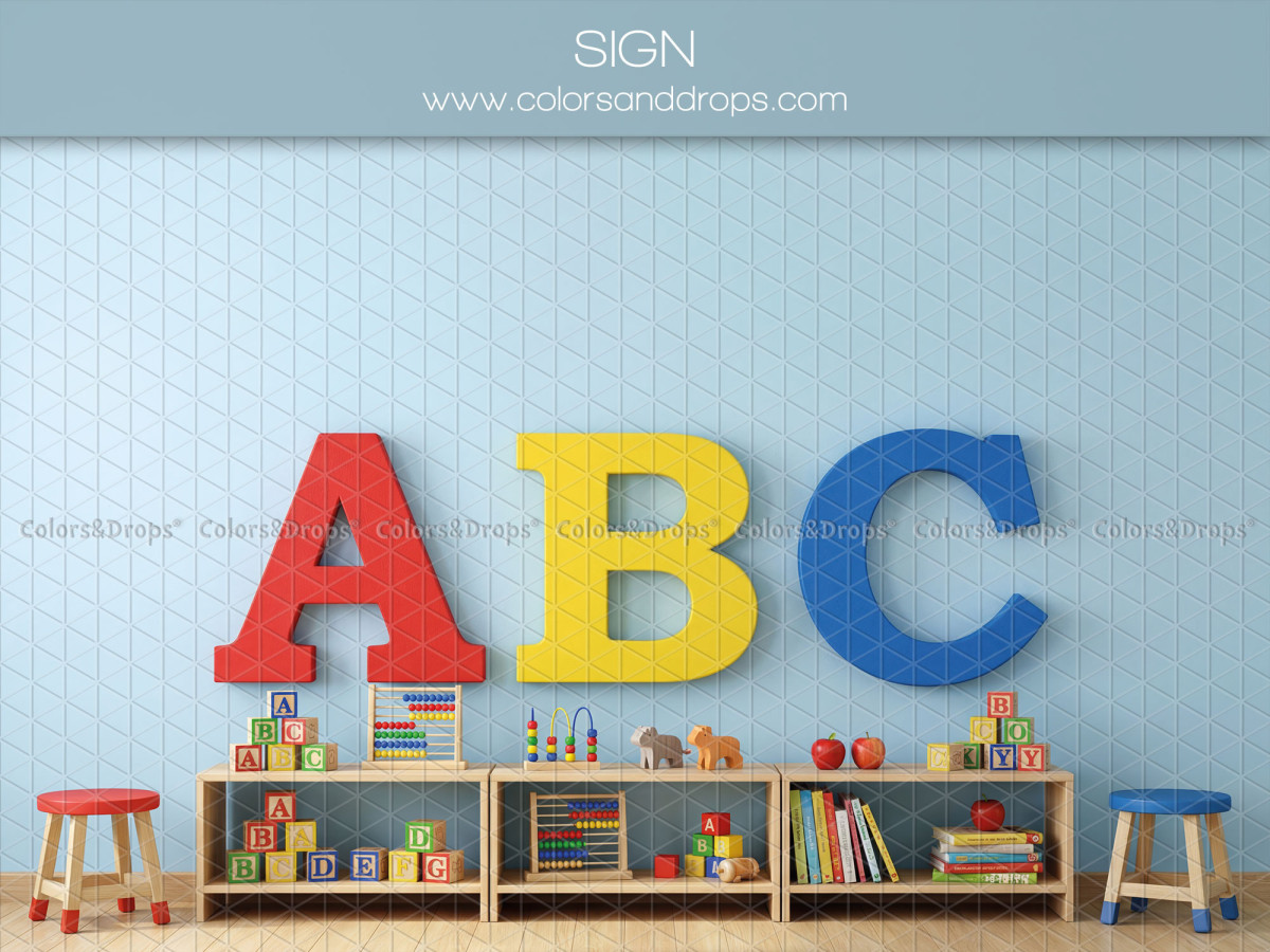 School portrait photo backdrop Sign – blue classroom with large ABC letters | Colors&Drops