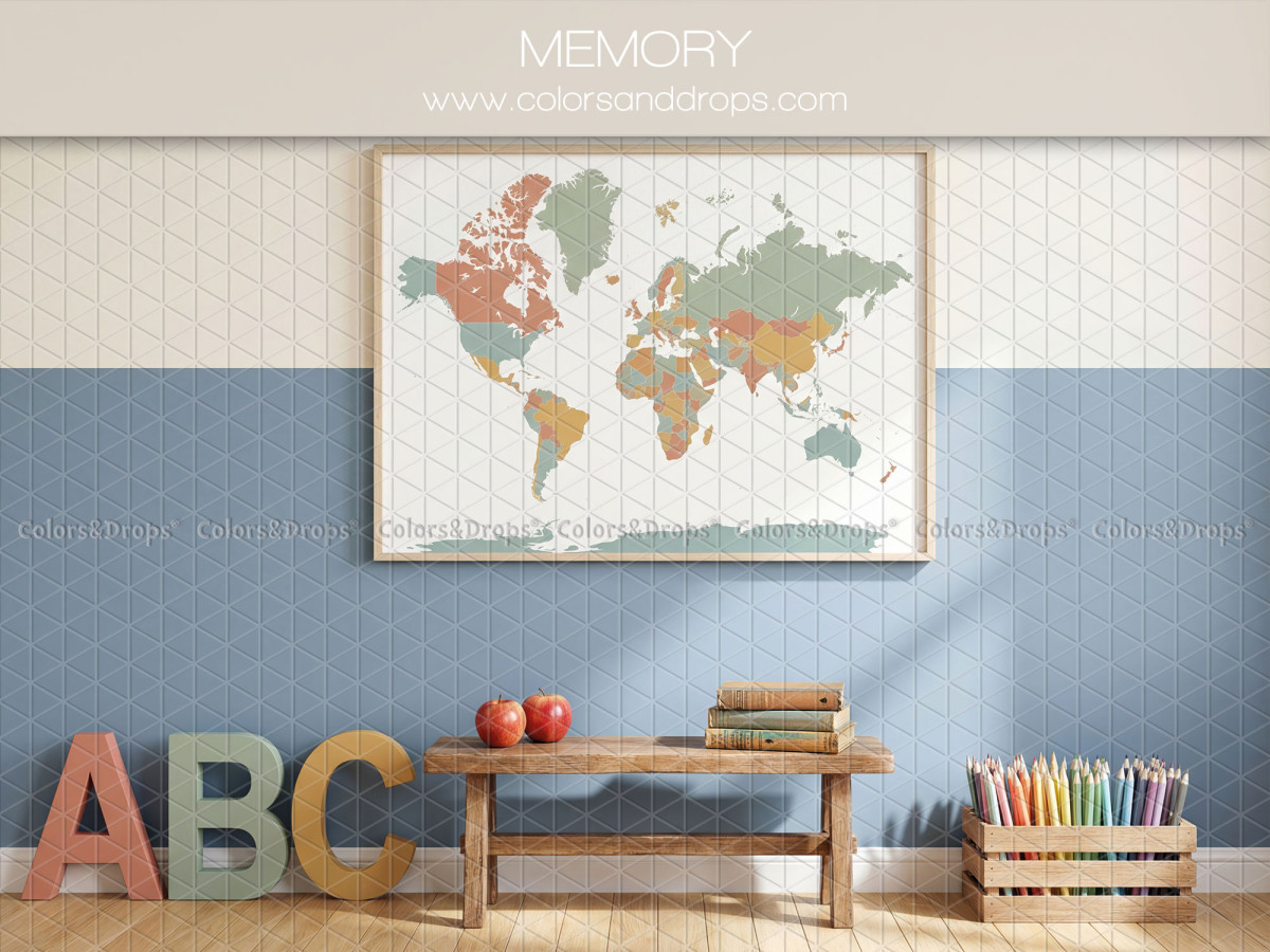 Fondo fotográfico escolar Memory – aula con mapa del mundo y letras ABC | Colors&Drops