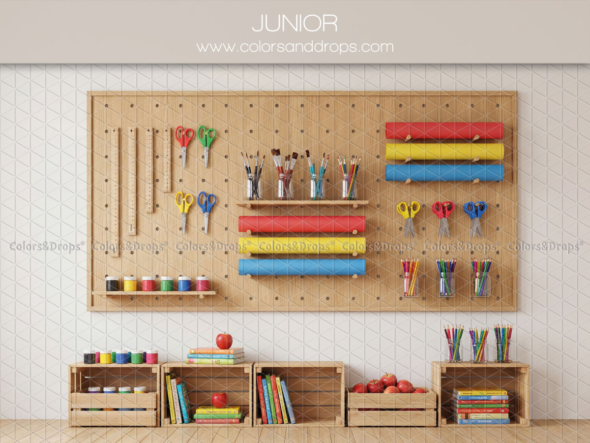 School portrait photo backdrop Junior – pegboard with school supplies and shelves | Colors&Drops