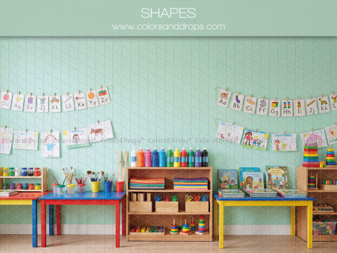 Fond photo scolaire Shapes – salle de classe avec dessins d'enfants et tables colorées | Colors&Drops
