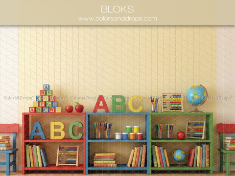 Fond photo scolaire Bloks – étagères colorées avec cubes ABC, livres et globe | Colors&Drops