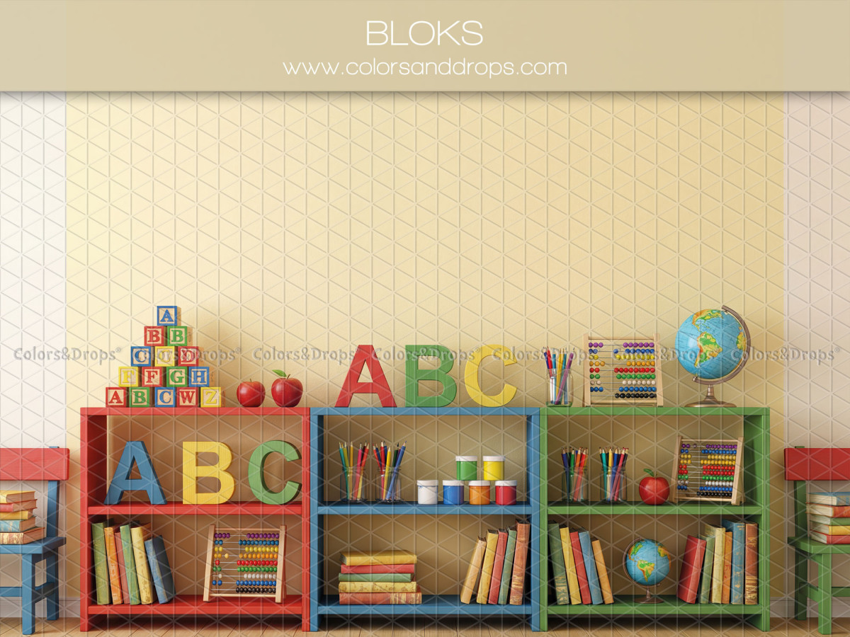 School portrait photo backdrop Bloks – colourful shelves with ABC blocks, books and globe | Colors&Drops