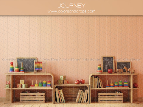Fond photo scolaire Journey – mur pêche avec étagères en bois et jouets éducatifs | Colors&Drops