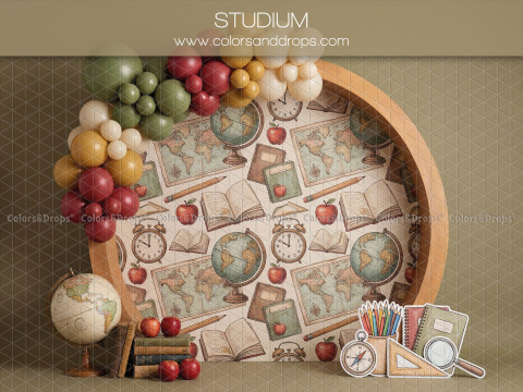 Fond photo scolaire Studium – arche ronde motifs école avec ballons et globe | Colors&Drops