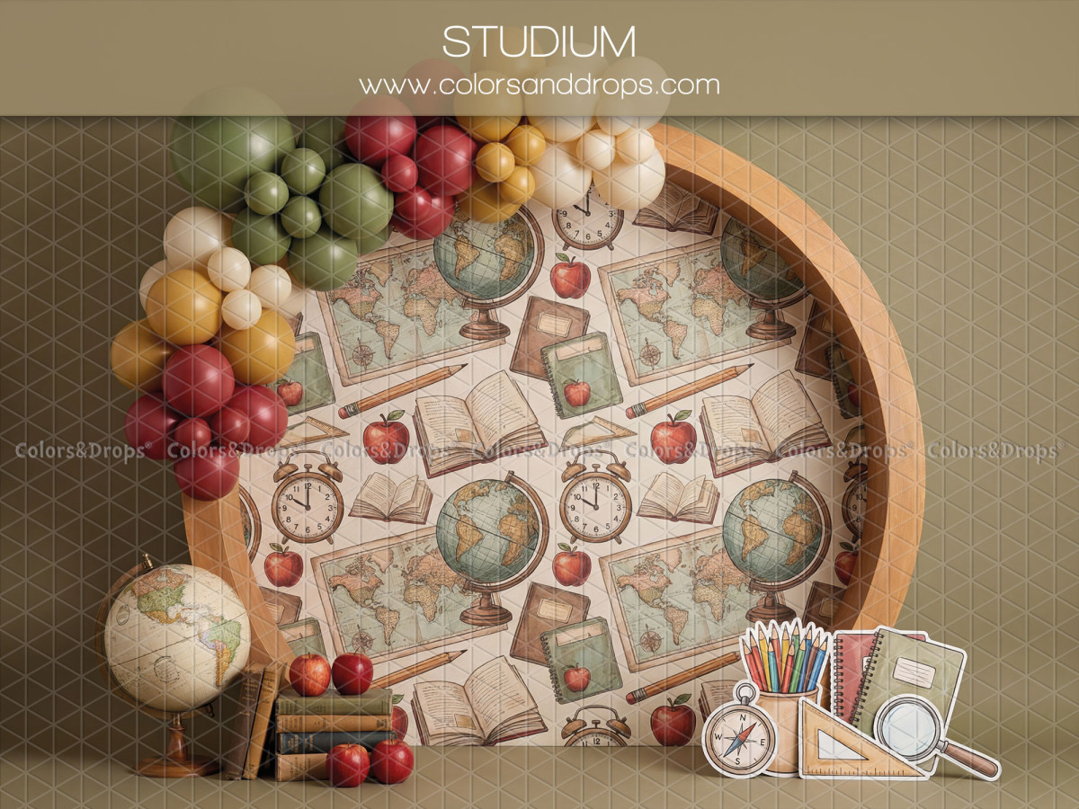 School portrait photo backdrop Studium – round school-pattern arch with balloons and globe | Colors&Drops
