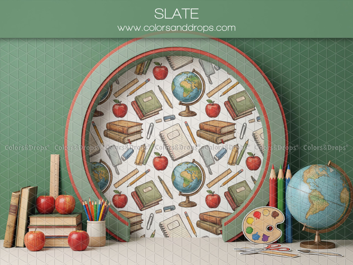 School portrait photo backdrop Slate – round school-pattern arch on green wall with globe | Colors&Drops