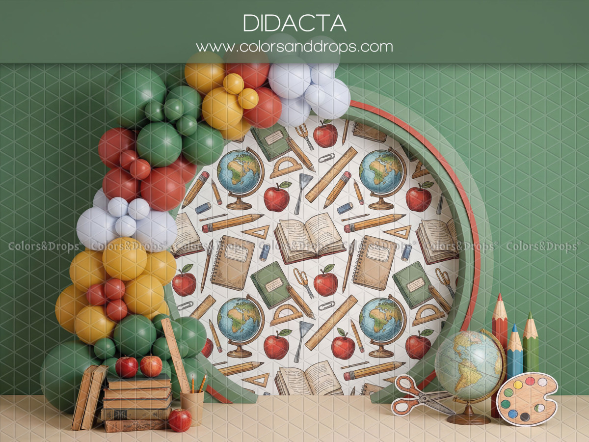 School portrait photo backdrop Didacta – round school-pattern arch with balloons on green wall | Colors&Drops