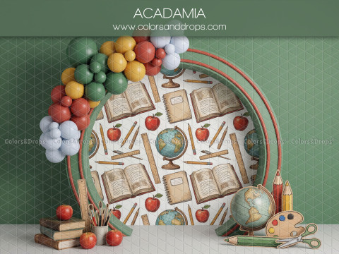 Fond photo scolaire Acadamia – arche ronde motifs école avec ballons et palette | Colors&Drops