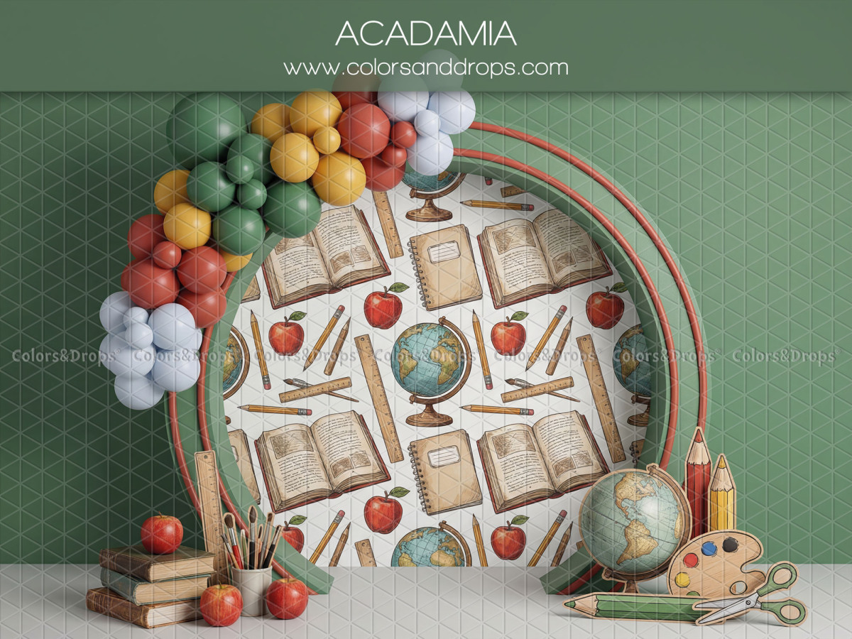 School portrait photo backdrop Acadamia – round school-pattern arch with balloons and palette | Colors&Drops