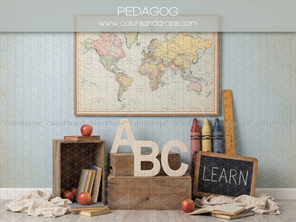 School portrait photo backdrop Pedagog – world map with ABC letters and LEARN slate | Colors&Drops