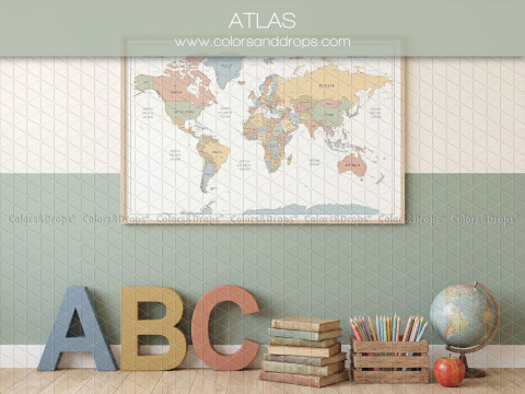 Fond photo scolaire Atlas – carte du monde sur mur vert avec lettres ABC | Colors&Drops