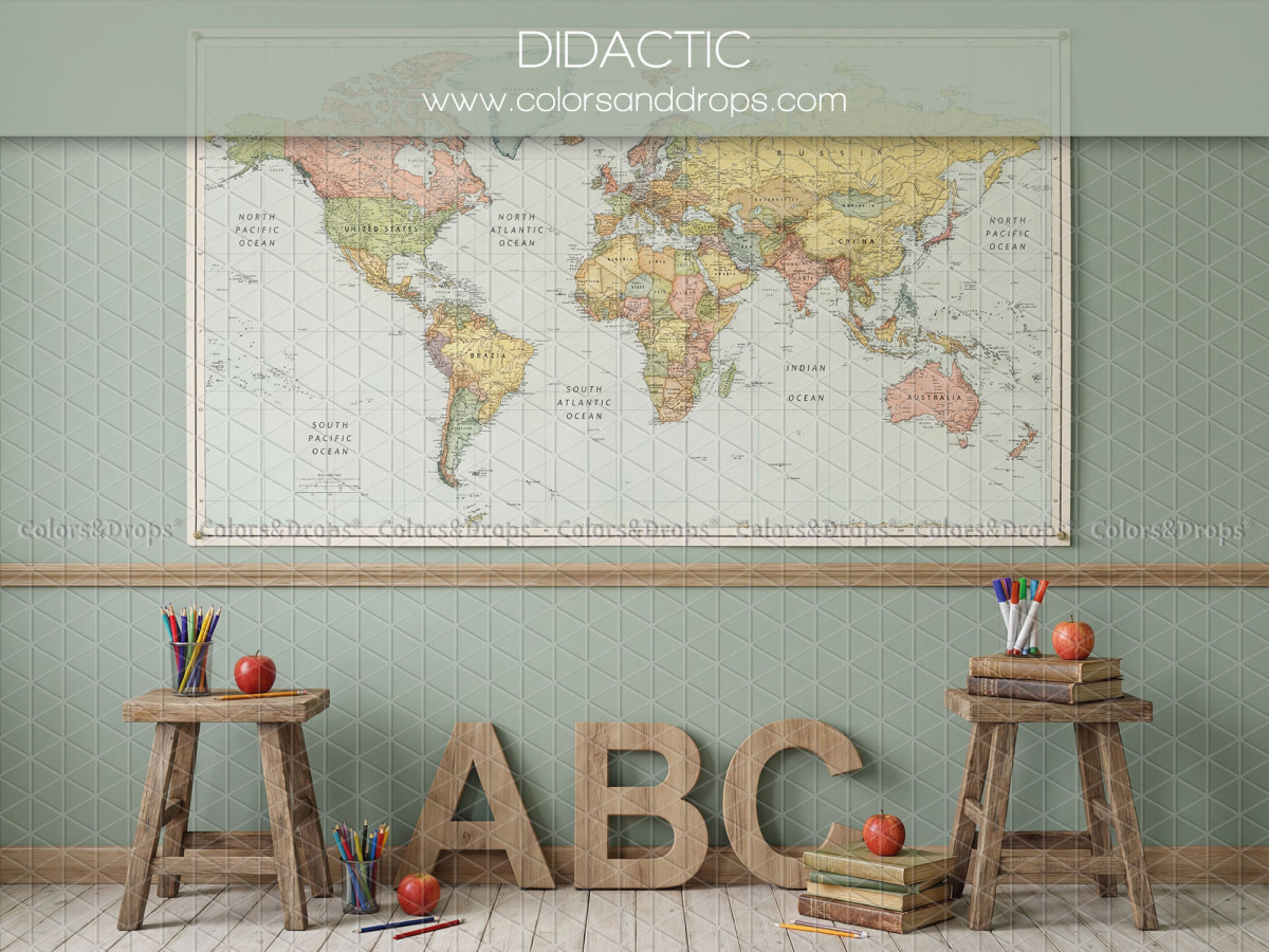 School portrait photo backdrop Didactic – world map with stools and ABC letters | Colors&Drops
