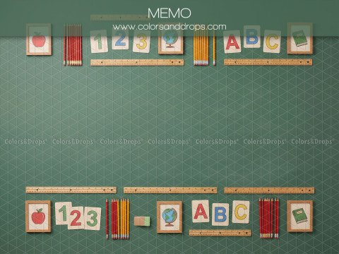 Fond photo scolaire Memo – mur vert avec cartes 123 et ABC et crayons | Colors&Drops
