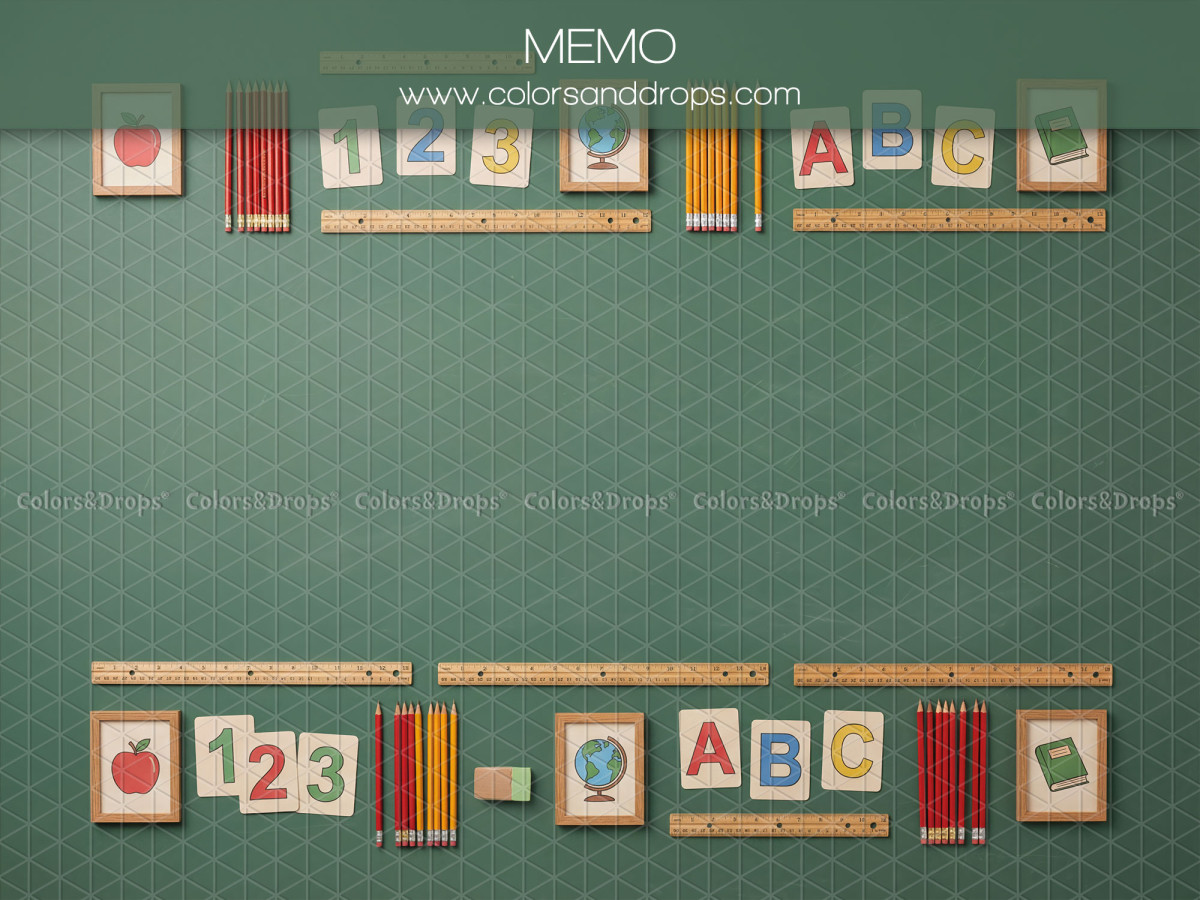School portrait photo backdrop Memo – green wall with 123 and ABC cards and pencils | Colors&Drops
