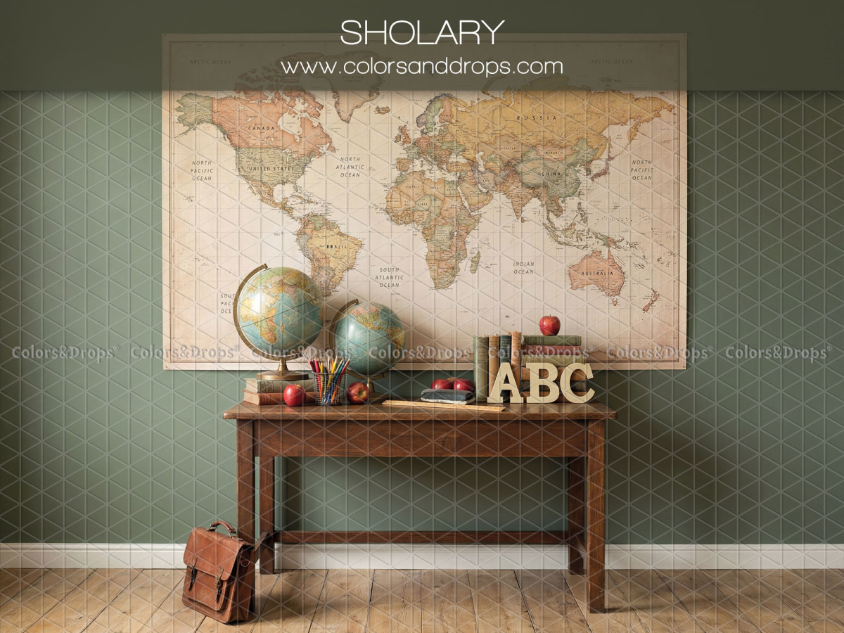 School portrait photo backdrop Sholary – world map with school desk and globes | Colors&Drops