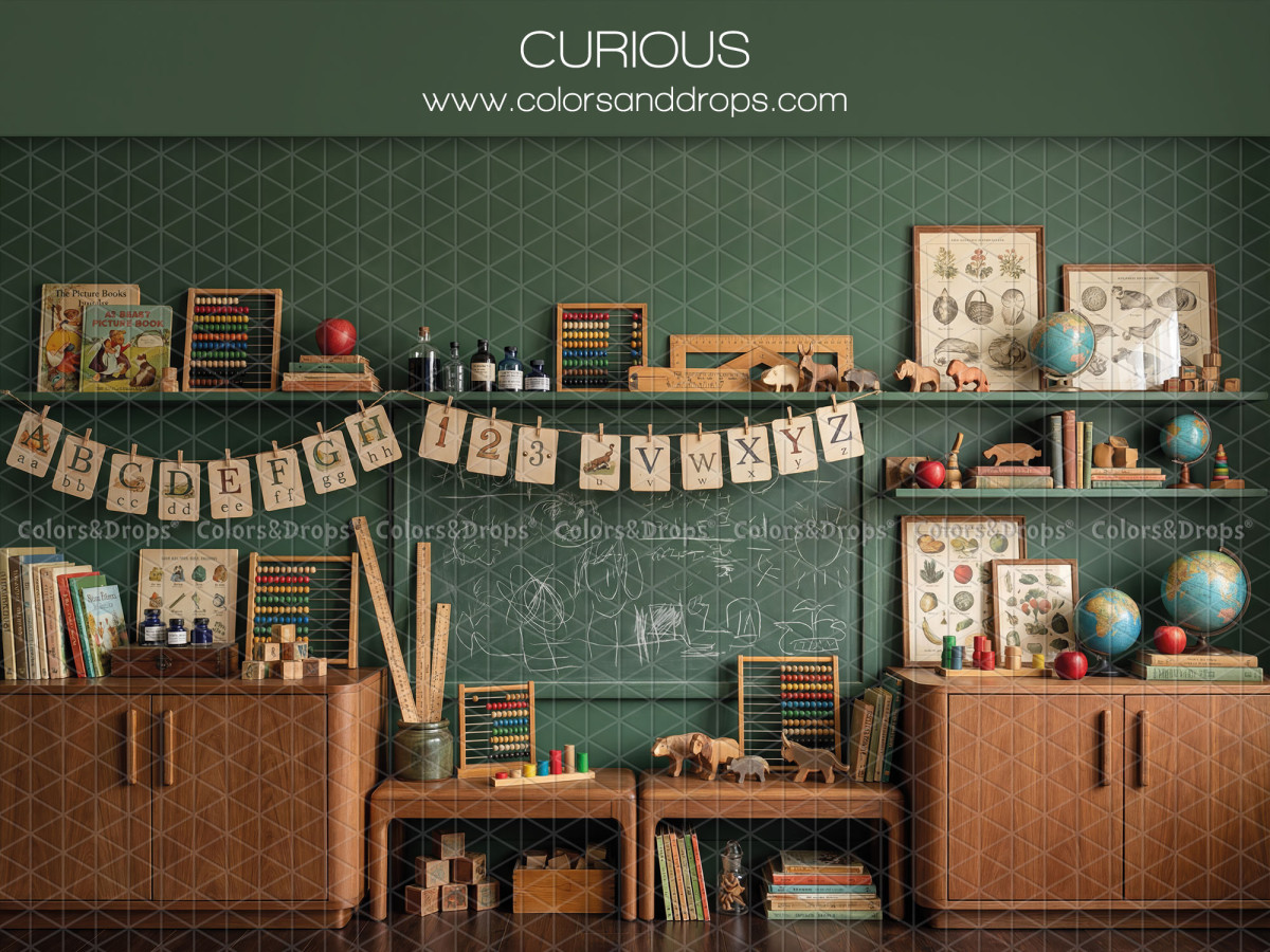 School portrait photo backdrop Curious – classroom with alphabet garland and shelves | Colors&Drops